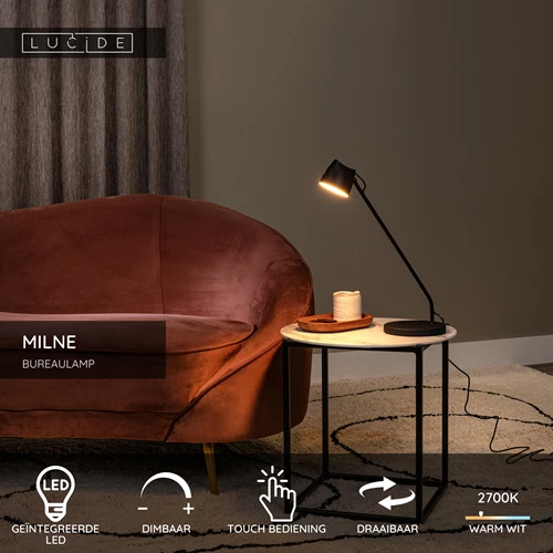 Lucide MILNE - Bureaulamp - LED Dimb. - 1x8W 2700K - Zwart - USP